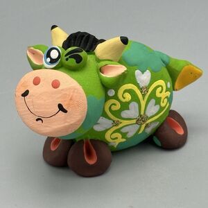 Vtg Dymkovo Toy Molded Painted Clay Cow Figurine Pennywhistle Signed Loui & Ving